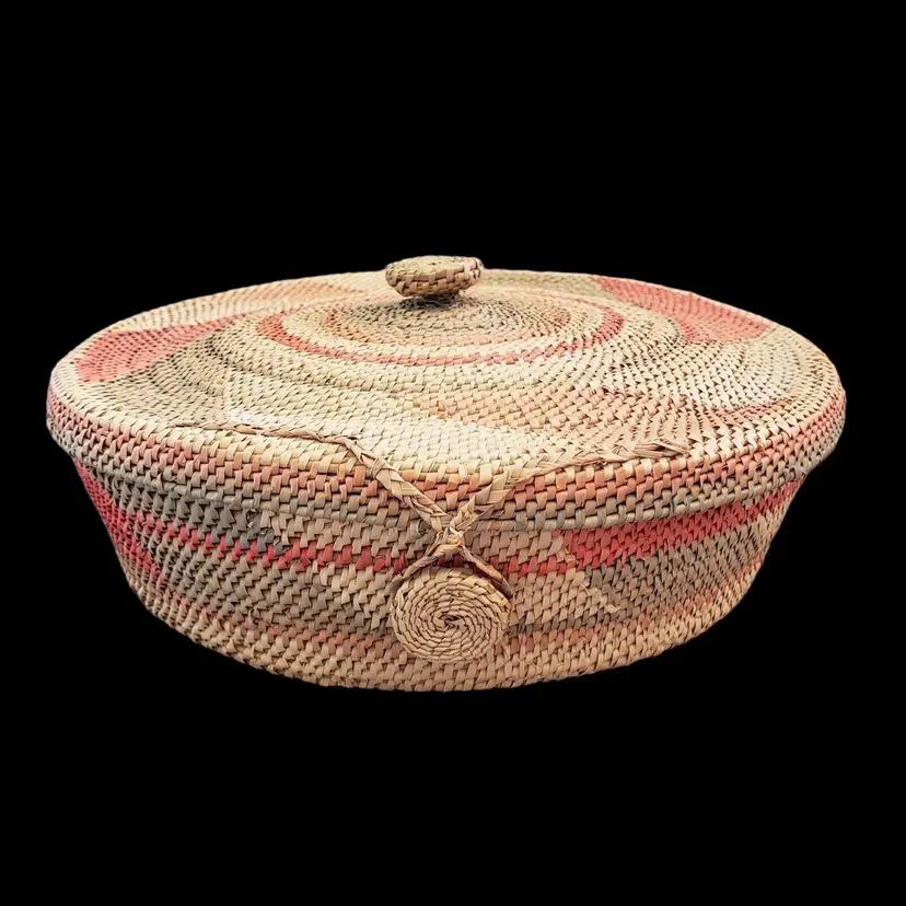 Twined Basket Lidded Latched Bright Colors African Design 8¼" Unbranded