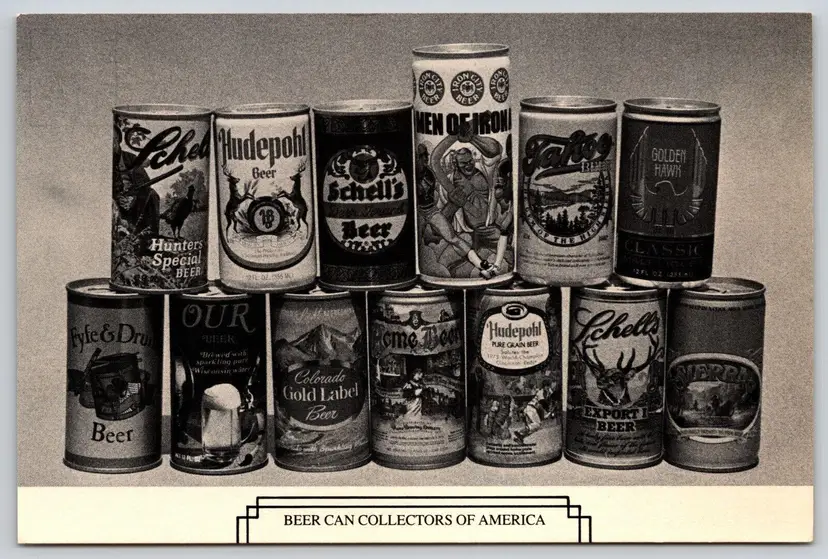 Postcard Beer Can Collectors of America Schell's Hudepohl Sierra Our Beer Tahoe