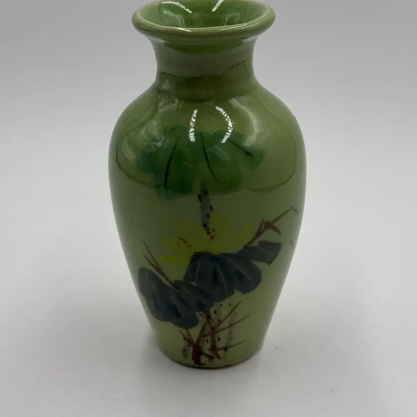 Vintage Mid Century Green Ceramic Vase Hand Painted Ink Wash Floral Accent 6” Vase