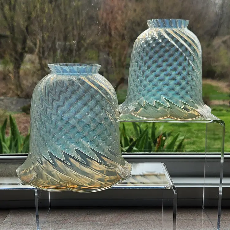 Antique Fenton Glass Fluted Lamp Shade Spiral Optic Vaseline Opalescent Swirl Glows