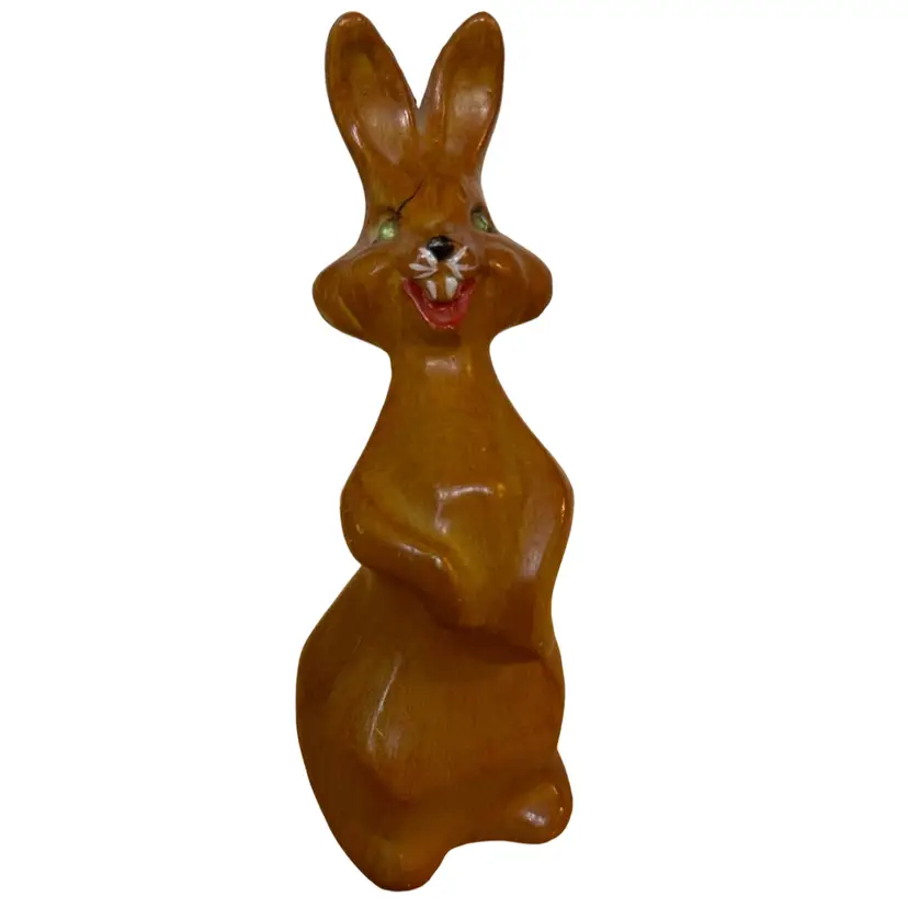 Vintage faux wood MCM bunny rabbit figurine rhinestone eyes hand painted face 5"