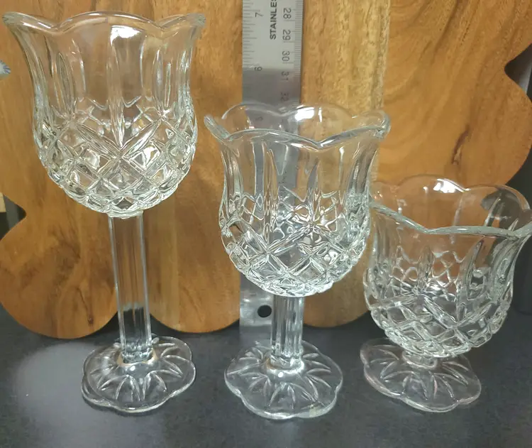 Homeco Glass Tulip Candle Holders & silver candle snuffer