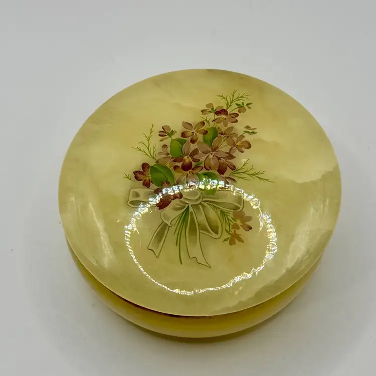 Vintage Round Floral Hinged Jewelry Trinket Box, Pastel Bouquet Design With Gold Trim, Ceramic Lidded, Collectible Vanity Decor, Unbranded, Made in Italy