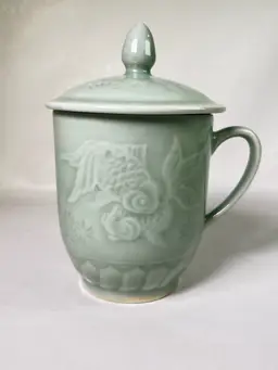 Vintage Chinese Celadon Fish Coffee Tea Mug W/ Lid