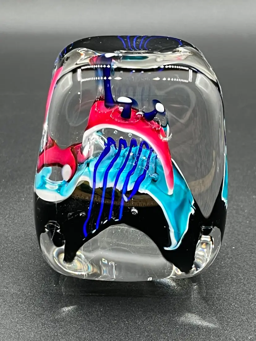 Signed 1998 Schmidt & Rhea Pink/Blue/Black Square Ice Cube Studio Art Glass Paperweight 3”🧊 READ