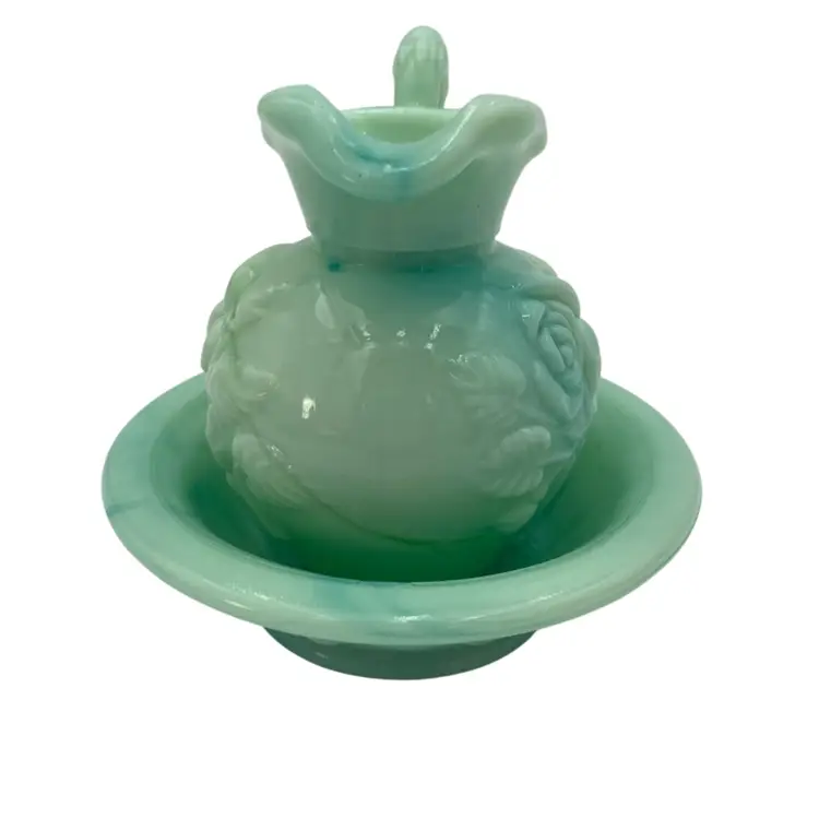 Vtg. Fostoria Green/Blue Slag Glass Pitcher & Basin, "Victoriana" Roses, Avon 5"