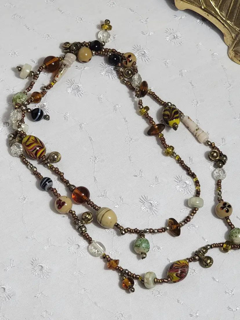 Decorative art glass millefiori and textured bead necklace