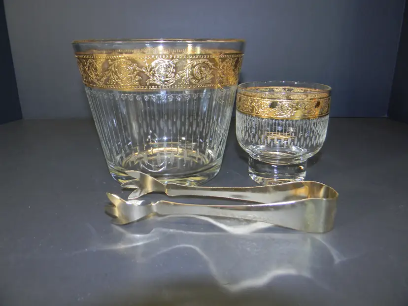 Gold Ice Bucket with Claw tongs and one glass