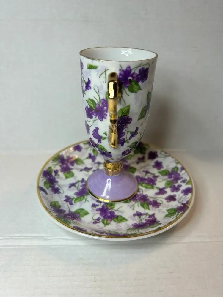 Vintage Inarco Demitasse Tall Cup & Saucer Violets Footed Gold Trim Japan