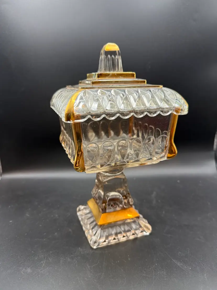 Vintage Tall Jeannette Glass Wedding Box Candy Dish with Gold Trim - 8-inch
