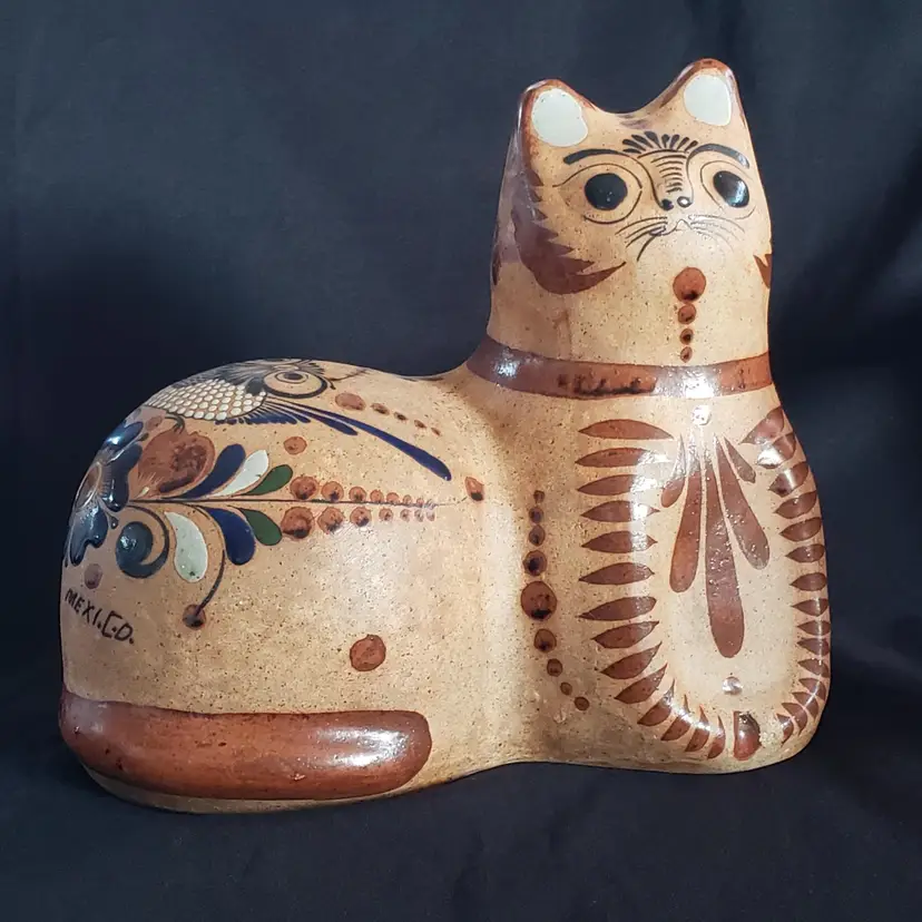 Folk Art Cat Tonala Mexican Pottery Hand Painted Bird & Blue Flower Vintage