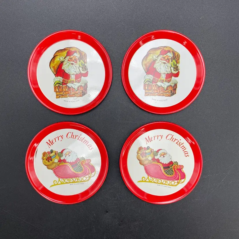 Tin Metal Santa Claus Christmas Holiday Kitschy Coasters VTG Barware Set of 4