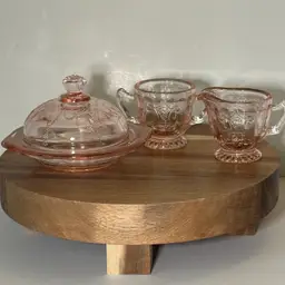 🫎 Vintage Pink Depression Miniature Butter Dish, Creamer & Sugar Set