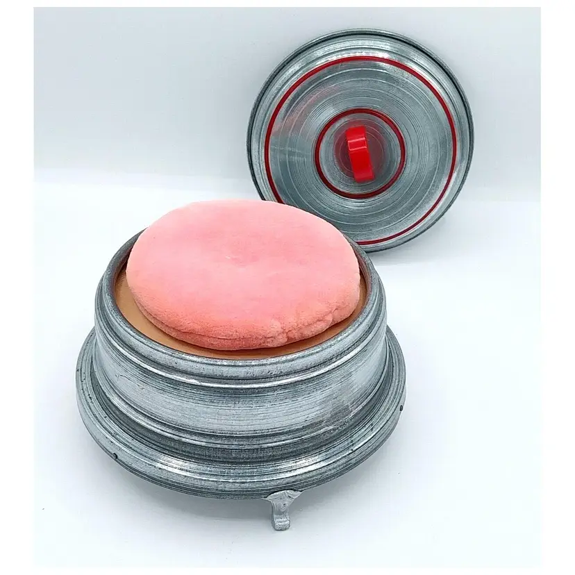 Vintage Art Deco Round Aluminum with Bakelite Handle Footed Powder Puff Box FULL! NEW OLD STOCK!