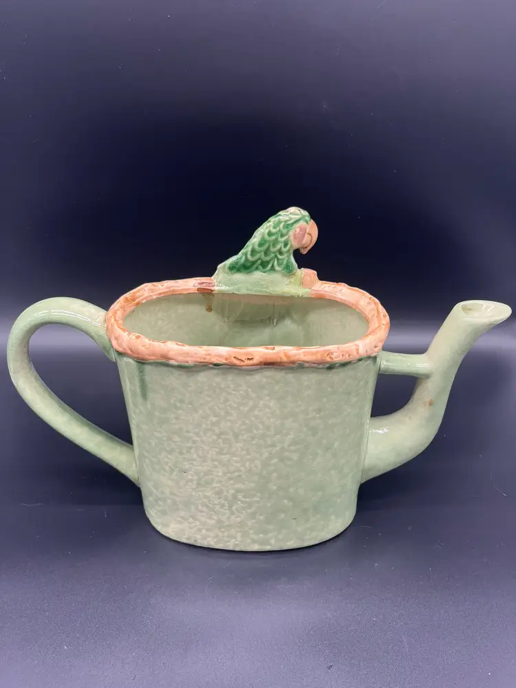 Vintage Parrot Ceramic Watering Can Planter - 12" Wide Tropical Garden Decor