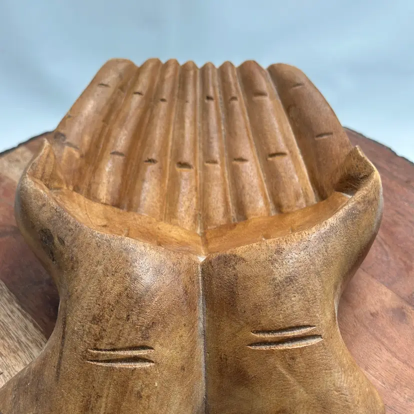 Handmade Carved Wooden Cupped Healing Hands Display Bowl Offering