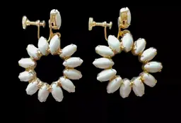 Vintage Gold Tone Milk Glass Marquise Drop Circle Screw Back Earrings