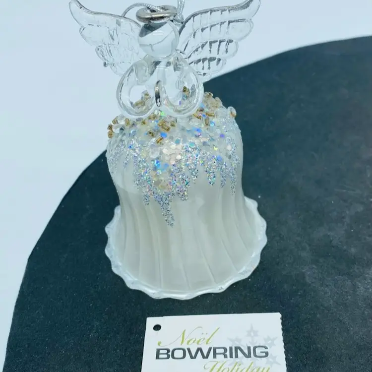 Glass Angel Faux bell ornament with glitter and sequins, branded "Noël BOWRING Holiday".