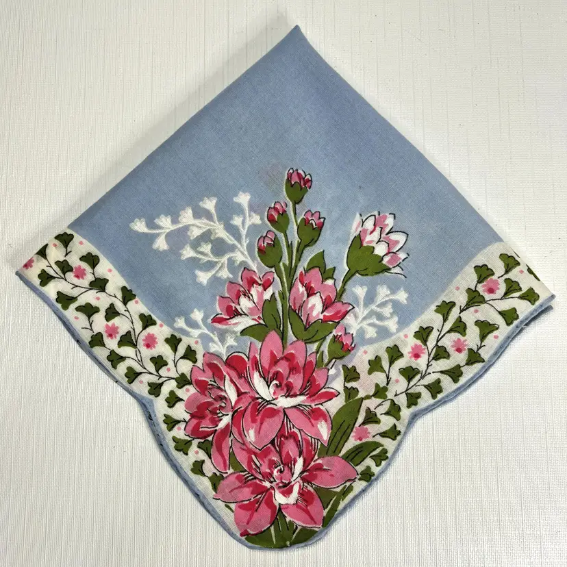 Pink Blue Floral Vintage Handkerchief Rolled Scallop Cottage Core Granny Boho