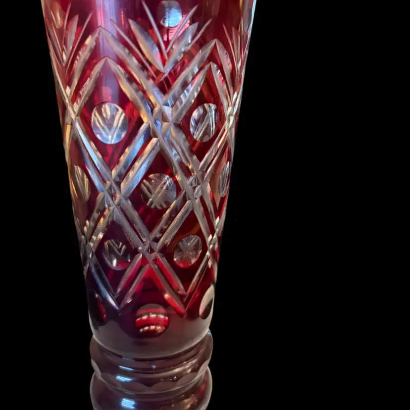 Ruby Red Cut to Clear Hand Blown Vase, Possibly Bohemian