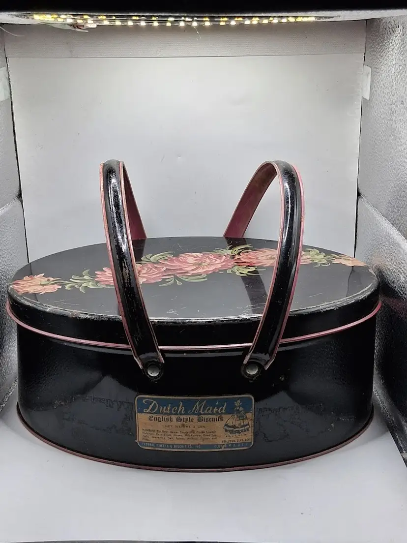 1930's Dutch Maid, 2 Handled Oval Floral Decorated Tin, Black, Pink