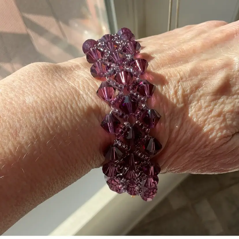 Purple Swarovski Crystal Bracelet with Gold Filled Filagree Box Clasp Artisan Made 7.25”
