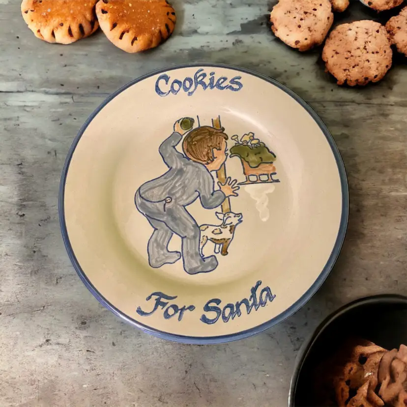Louisville Stoneware Cookies For Santa Serving Plate Boy With Santa Sleigh 9”