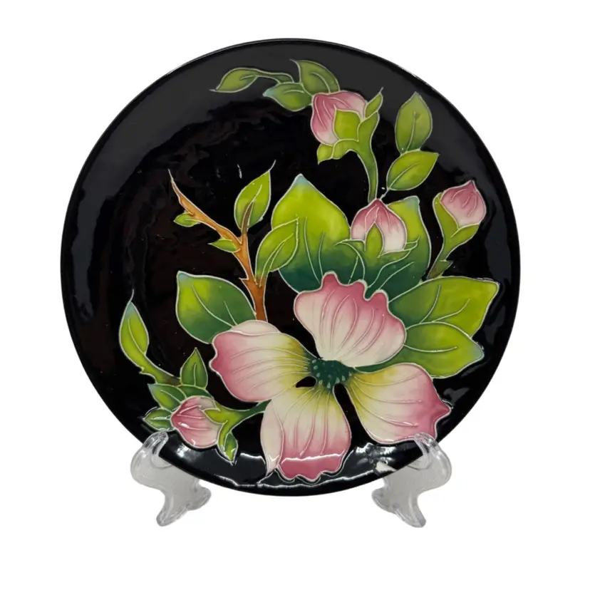 Blue Sky 6” Black Painted Plate With Pink & Green Florals, One Chip As Pictured
