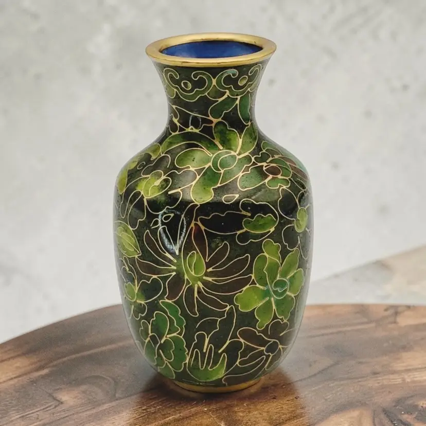Chinese Cloisonné Miniature Vase Floral  3.25" Green Enamel Gold Color Accents