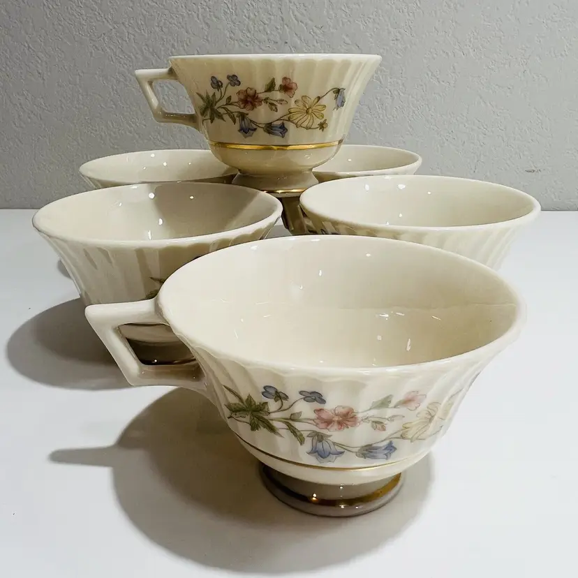 Lenox Set of 6 Teacups Spring Bouquet USA 1980 Flower Design Hand-painted