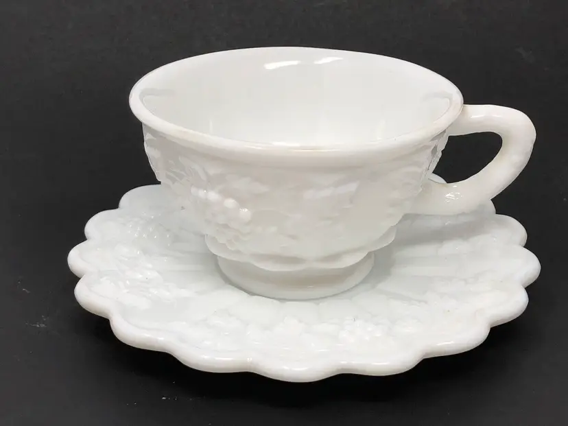 Westmoreland Milk Glass Paneled Grape Cup and Saucer