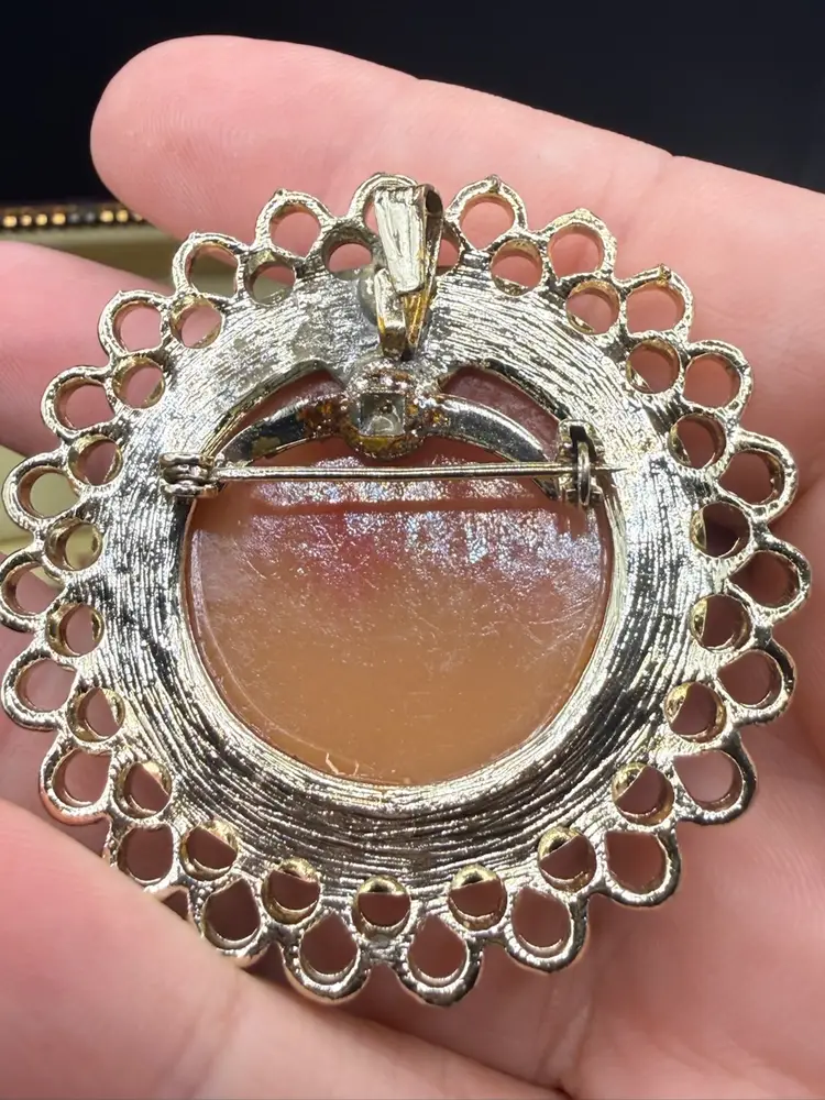 vintage rose and ivory color resin cameo brooch