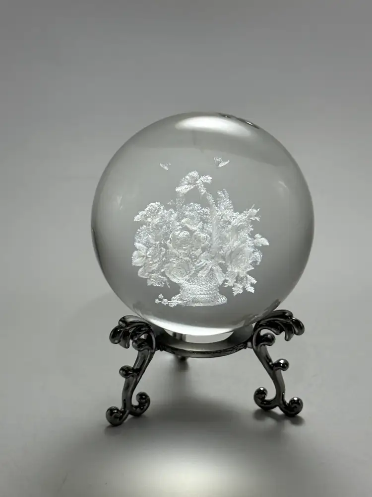 3D Laser Engraved Butterfly Rose Basket Crystal Ball 60mm With Stand Decorative