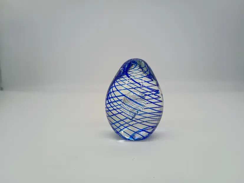 Hand Blown Art Glass Egg Shaped Paperweight with Thin Cobalt Thread Like Spiral