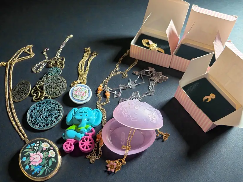 Lot Of Vintage Avon 11 Pieces - 5 Necklaces- 3 Ribbon Pins - 1 Elephant Brooch - 1 Necklace & Clip Earrings Set