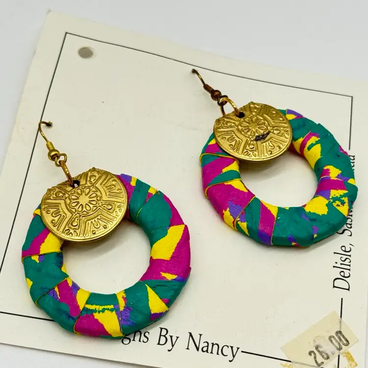 Vintage 1980’s Hand Made Dangle Earrings Leather Metal Mixed Material Retro OOAK