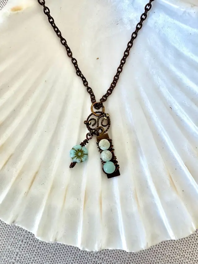 Czech Glass Flower Charm And Wired Stones On Bronze Bar And Necklace #42