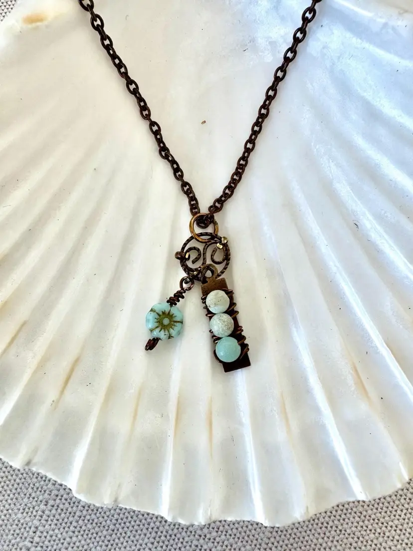 Czech Glass Flower Charm And Wired Stones On Bronze Bar And Necklace #42