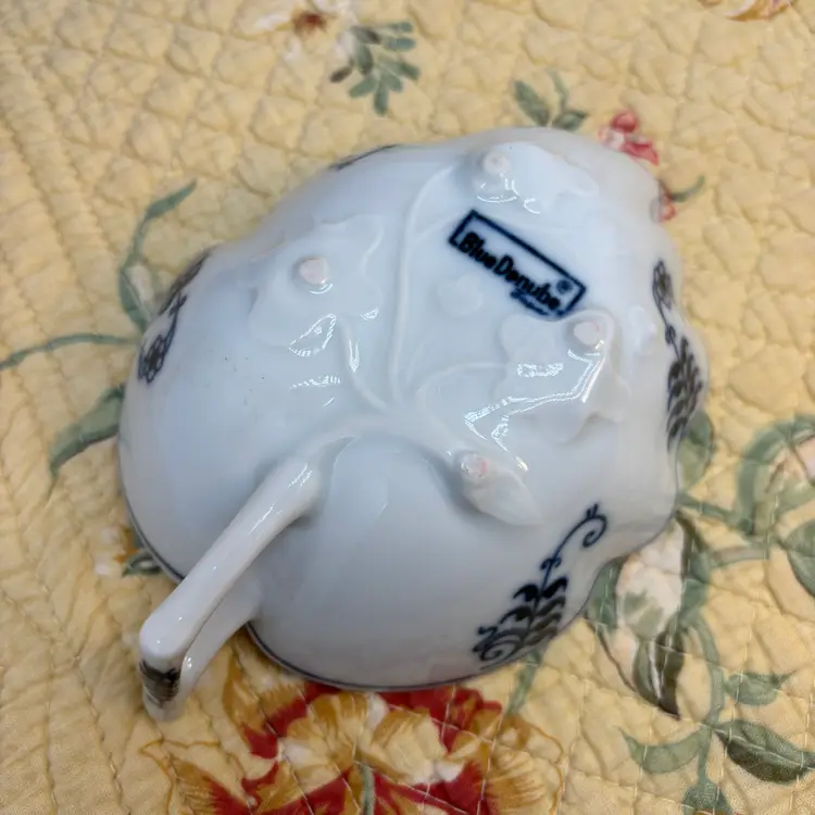 BLUE DANUBE Blue & White Porcelain Leaf Dish for Trinkets Candy Nuts Hand Painted Floral Design with Fluted Edges Made in Japan 1980s