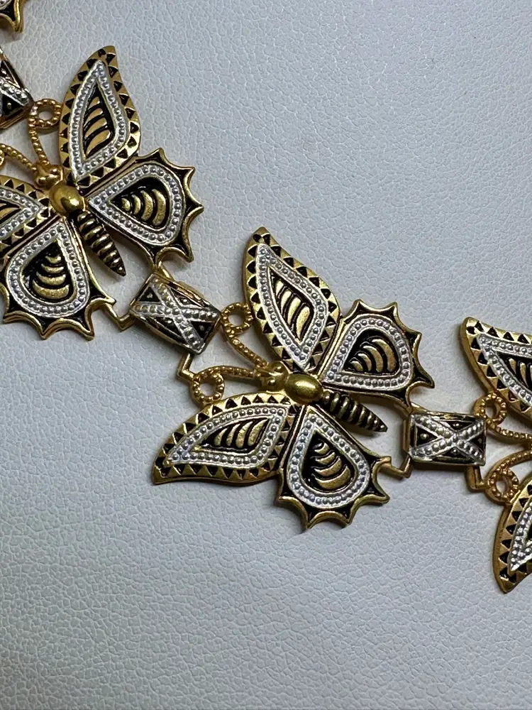 Vintage Spain Damascene Butterfly Necklace. Length 17 Inches. 24kt Gold Plated.