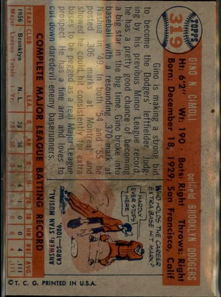 1957 Topps #319 Gino Cimoli - ( pk1 ) - Brooklyn Dodgers