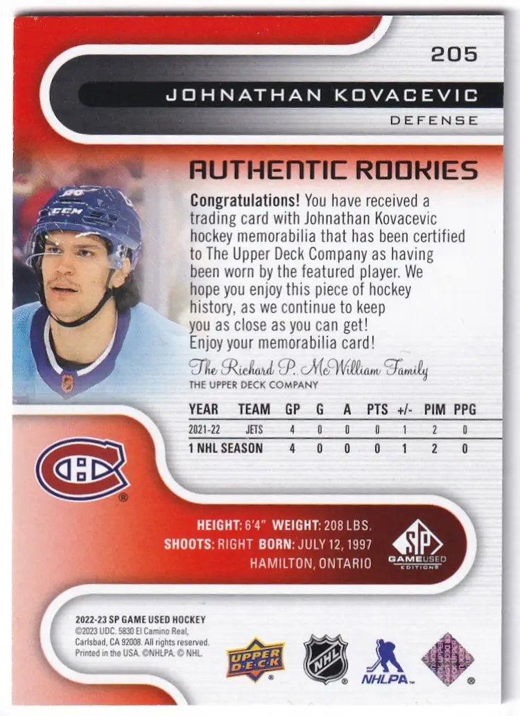2022-23 SP Game Used Jerseys Red #205 Johnathan Kovacevic Montreal Canadiens Hockey Card