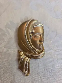 Vintage Two Tone Gold to Metal Art Nouveau Style Woman's Head with Scarf Brooch.