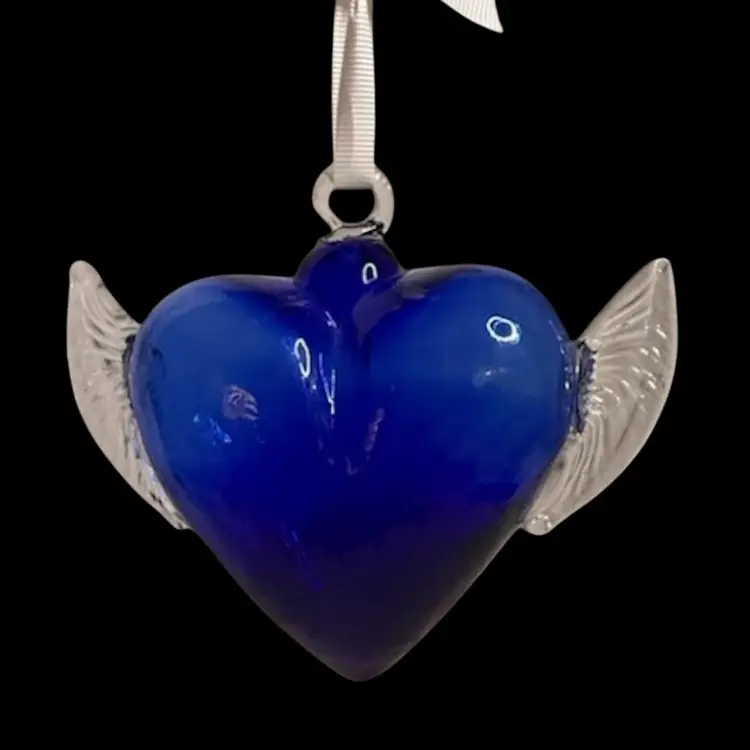 Handblown Cobalt Blue Glass Heart Ornament with Clear Wings • Art Glass Hanging Heart•Guardian Angel•Heavy
7-1/2” x 7” x 3”