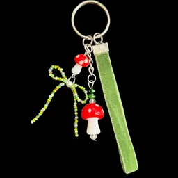 Handmade By Me - Glass Mushroom Charm And Green Seed Bead Bow Keychain With Velvet Ribbon, Handmade Mushroom Keychain, Handmade Mushroom Bag Charm, Glass Mushroom Charm, Seed Bead Bow Charm, NN Artist, Handmade Keychain, Handmade Bag Charm, Glass Mushroom Bag Charm With Velvet Ribbon