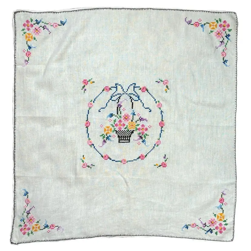 Linen Embroidered Cross Stitch Tablecloth Mid Century Vtg 32x32 Card Table