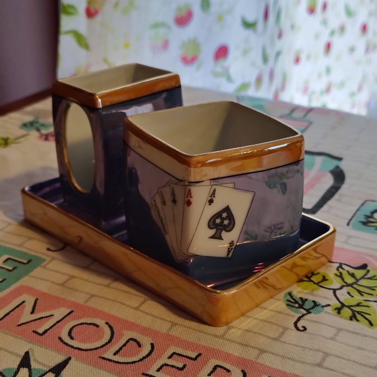 Vintage Lusterware Hostess Smoking Set | Shiny Blue and Peach Luster with Playing Card Design | Cigarette Box and Match Safe | 1920s Noritake Royal Crockery Line Made in Japan