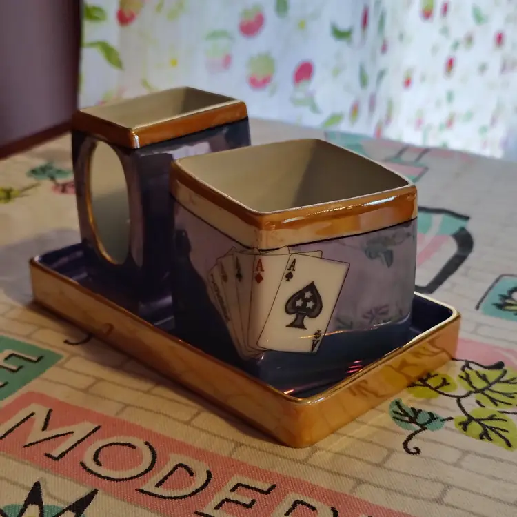 Vintage Lusterware Hostess Smoking Set | Shiny Blue and Peach Luster with Playing Card Design | Cigarette Box and Match Safe | 1920s Noritake Royal Crockery Line Made in Japan