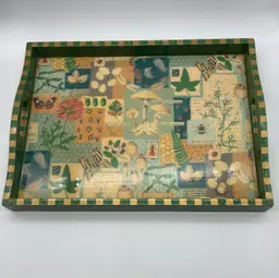 Vintage Botanical Print Decoupage Serving Tray Decor Green