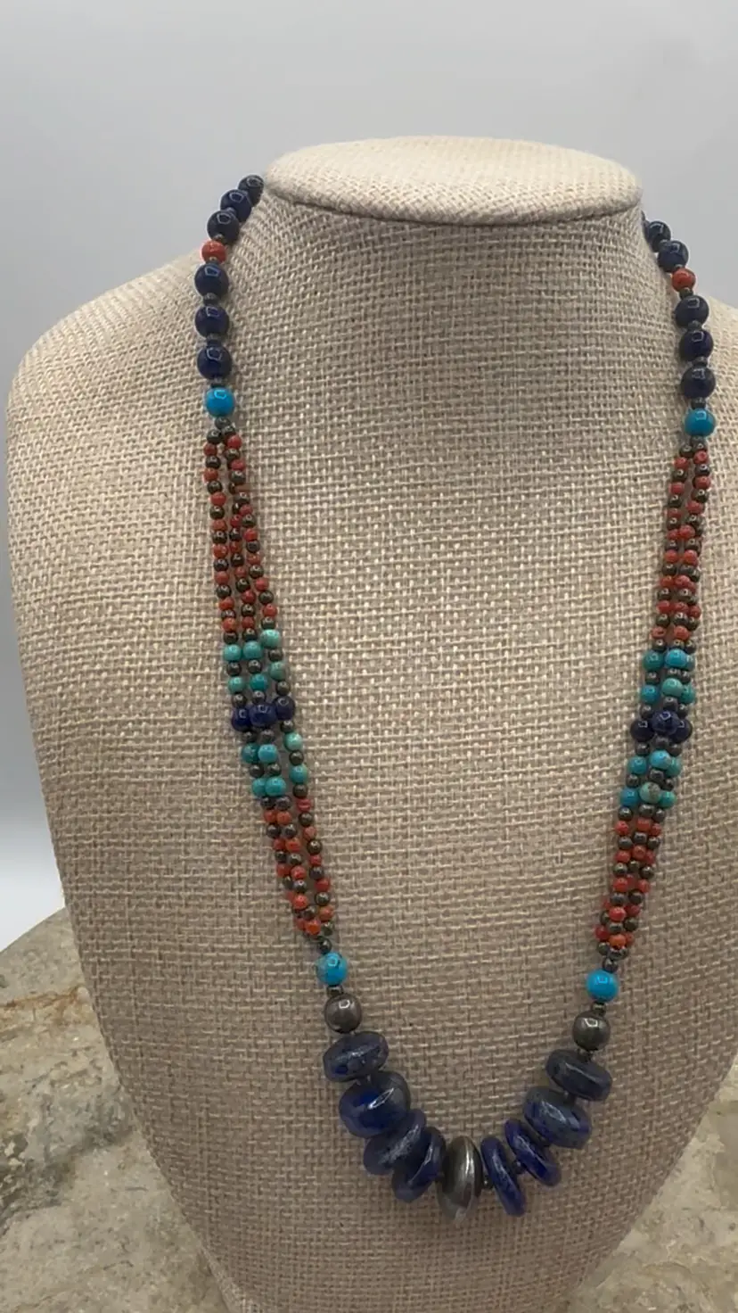 Vintage Egyptian-style Genuine Gemstone Lapis Lazuli Turquoise & Coral multi-strand necklace 925 sterling Clasp & Beads
